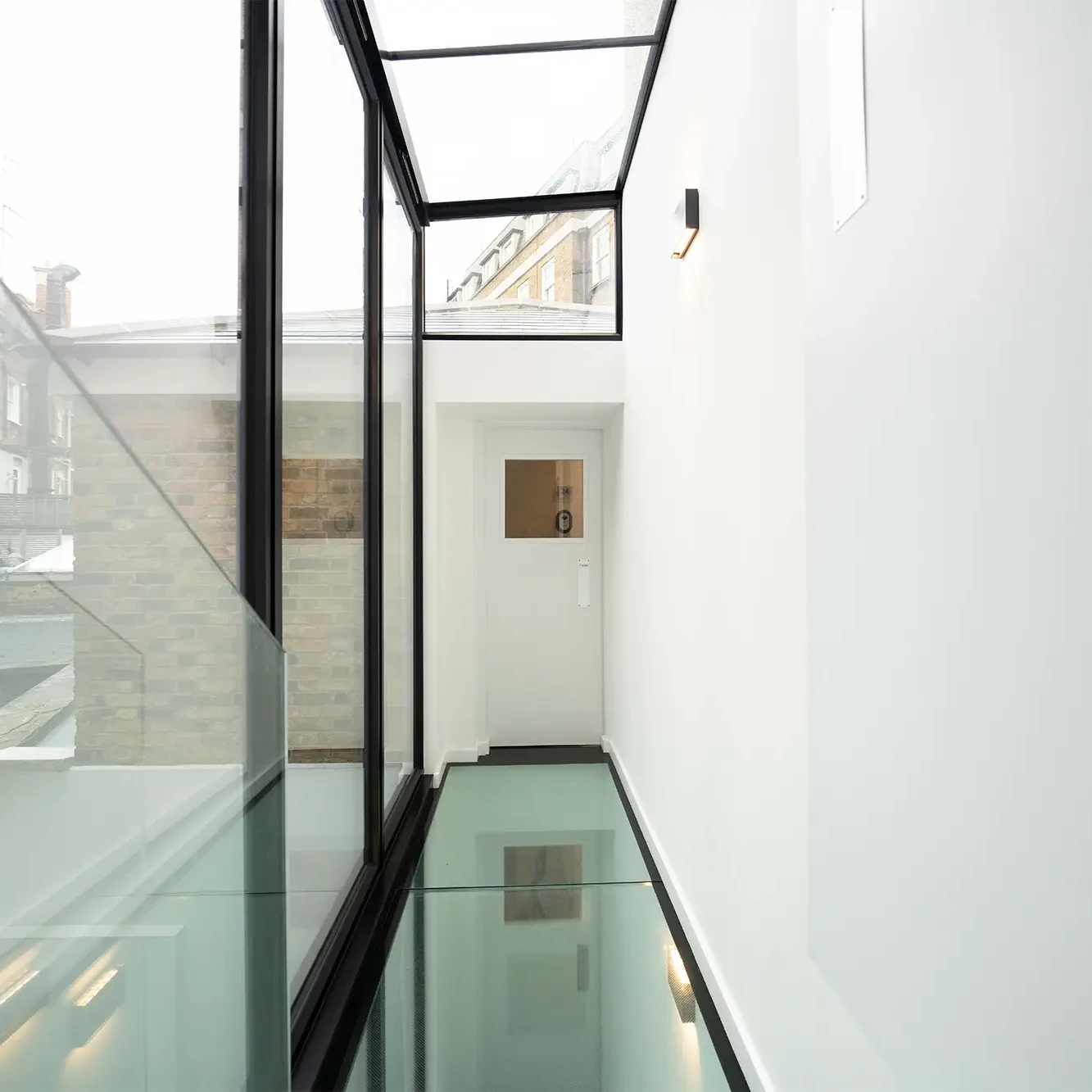 Beautiful glass hallway in the building at 162 New Cavendish, Marylebone, London