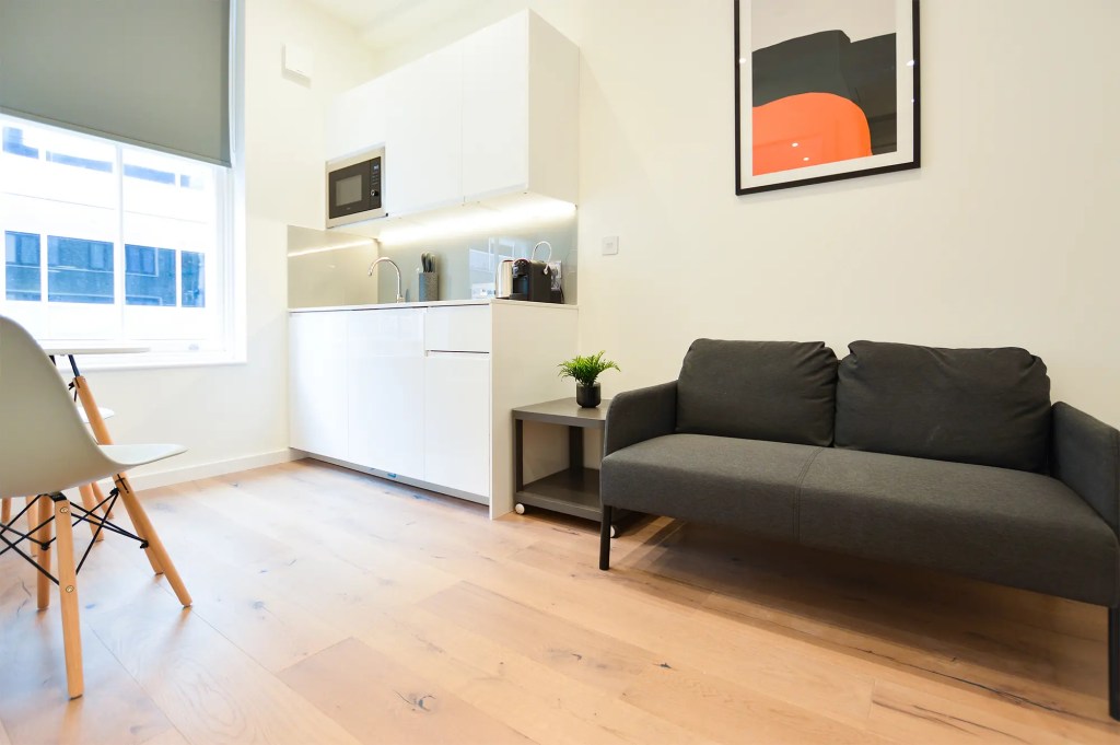Practical kitchenette and comfortable sofa in the stylish living area of a Fitzrovia one-bedroom apartment, perfect for your stay