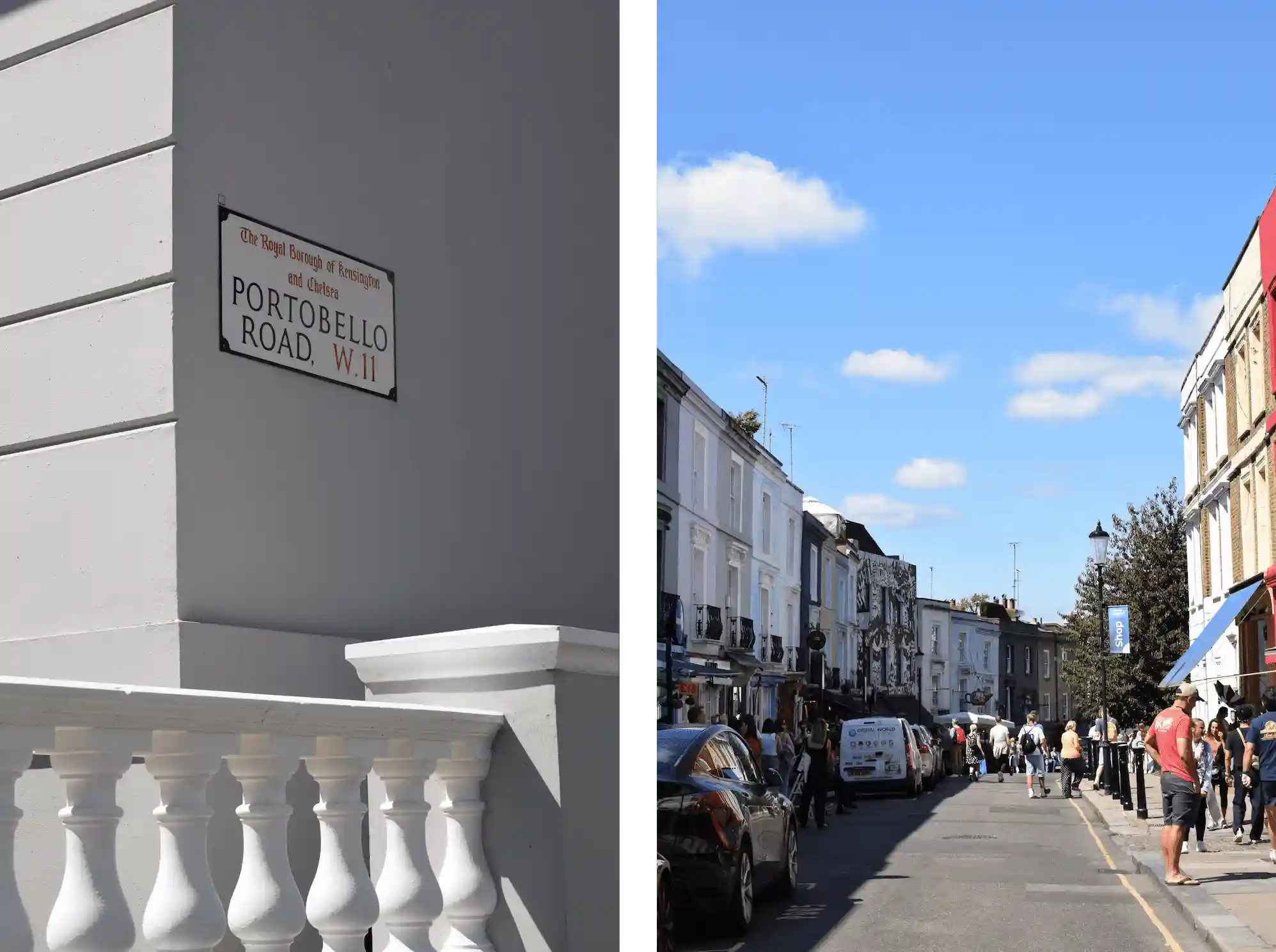 Portobello Road street sign and the famous Portobello Market in Notting Hill, Central London