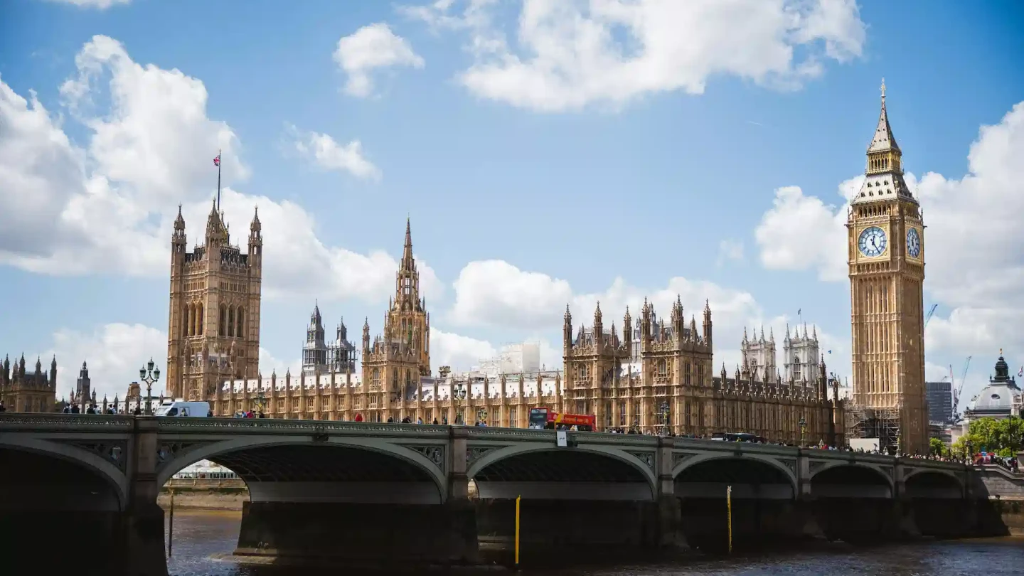 : A scenic view of London with Big Ben and the Houses of Parliament overlooking the River Thames.