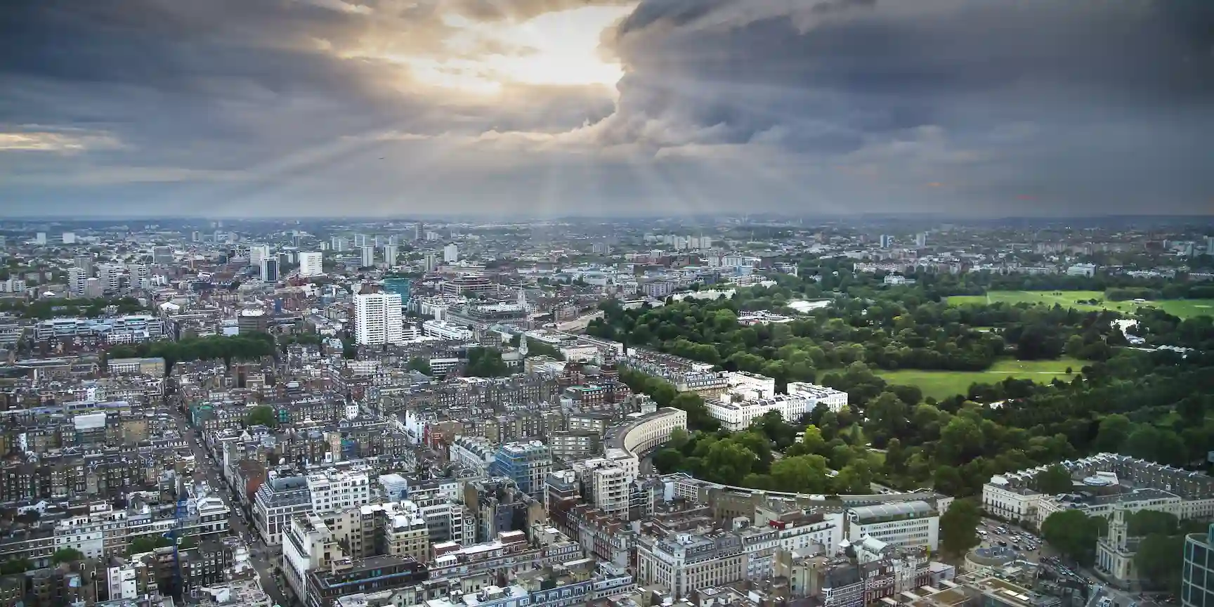 Panoramic view from the BT Tower near StayPrime Serviced Apartments in Fitzrovia, overlooking Marylebone, Regent’s Park, and Central London