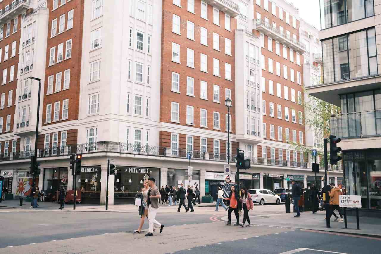 Traditional buildings and quiet streets near Baker Street in Marylebone, Central London